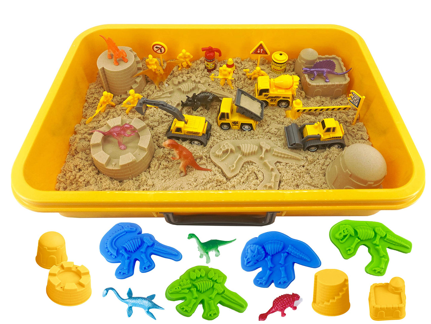 Construction Dinosaur Play Sand Set - 38 Pieces Sensory Bin Sand Kit Include 2 lbs Magic Sand, Construction Vehicle, Dinsoaur Figures, Dinosaur & Castle Molds for 3 4 5 Year Old Toddlers Kids