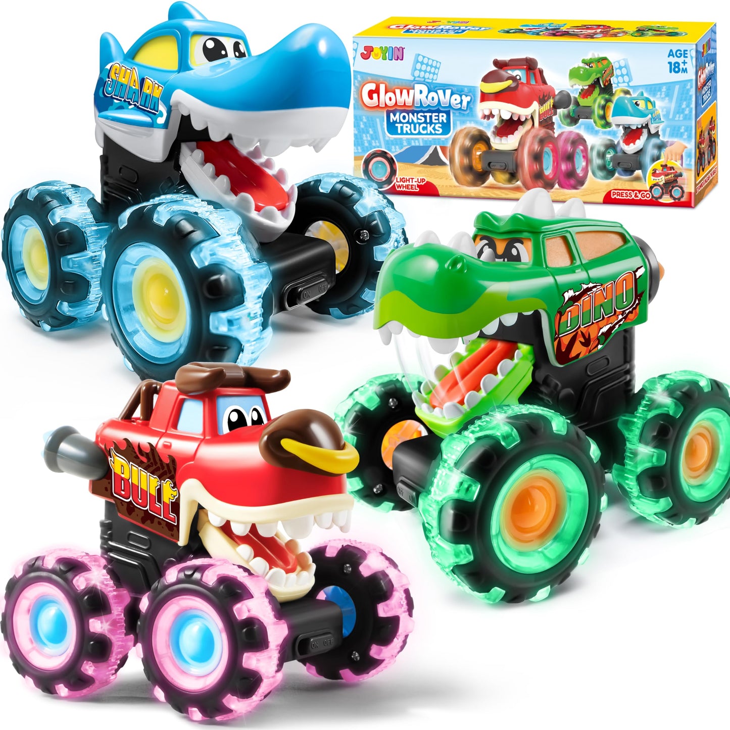 3 Pack Monster Truck Toy - Motion Activated Light-Up Cars for Toddlers - Monster Treads Lightning Wheels - Baby Toy Present - Press & Go Cars for Boys Girls