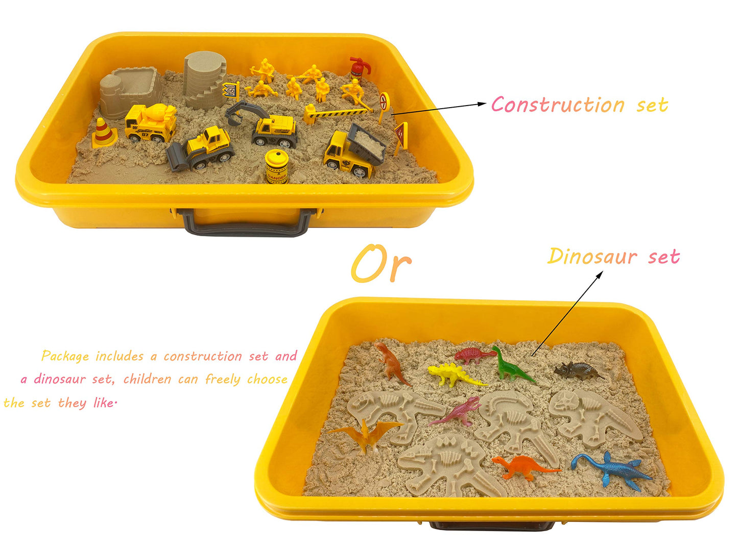 Construction Dinosaur Play Sand Set - 38 Pieces Sensory Bin Sand Kit Include 2 lbs Magic Sand, Construction Vehicle, Dinsoaur Figures, Dinosaur & Castle Molds for 3 4 5 Year Old Toddlers Kids