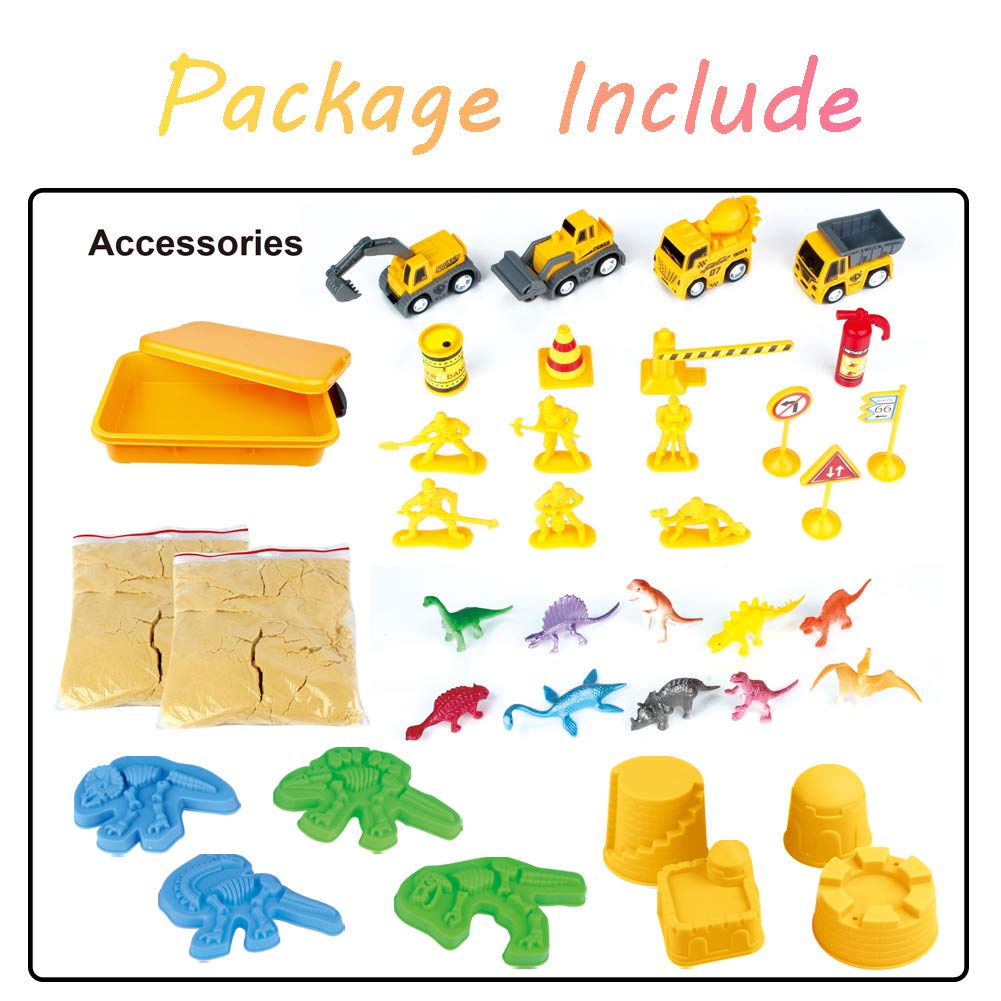 Construction Dinosaur Play Sand Set - 38 Pieces Sensory Bin Sand Kit Include 2 lbs Magic Sand, Construction Vehicle, Dinsoaur Figures, Dinosaur & Castle Molds for 3 4 5 Year Old Toddlers Kids