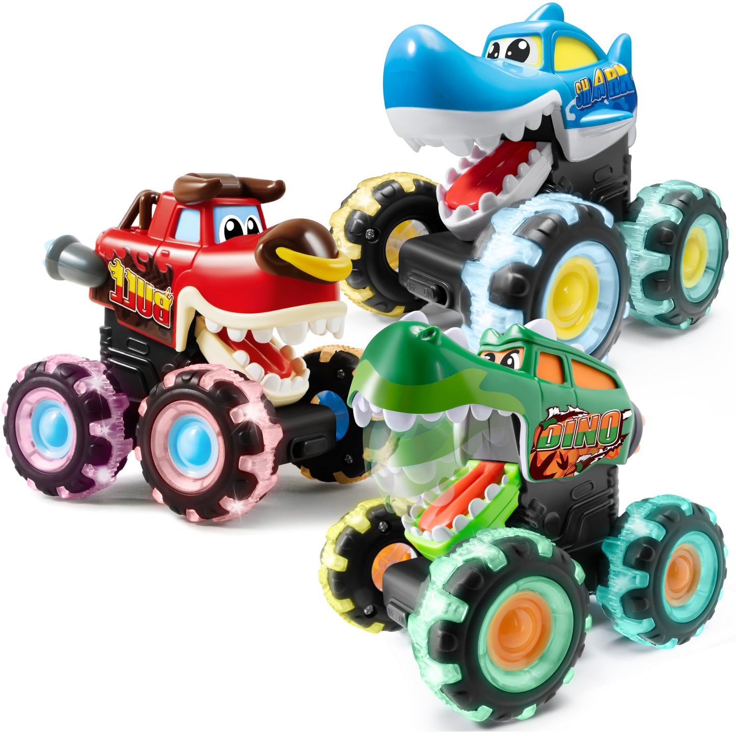 3 Pack Monster Truck Toy - Motion Activated Light-Up Cars for Toddlers - Monster Treads Lightning Wheels - Baby Toy Present - Press & Go Cars for Boys Girls